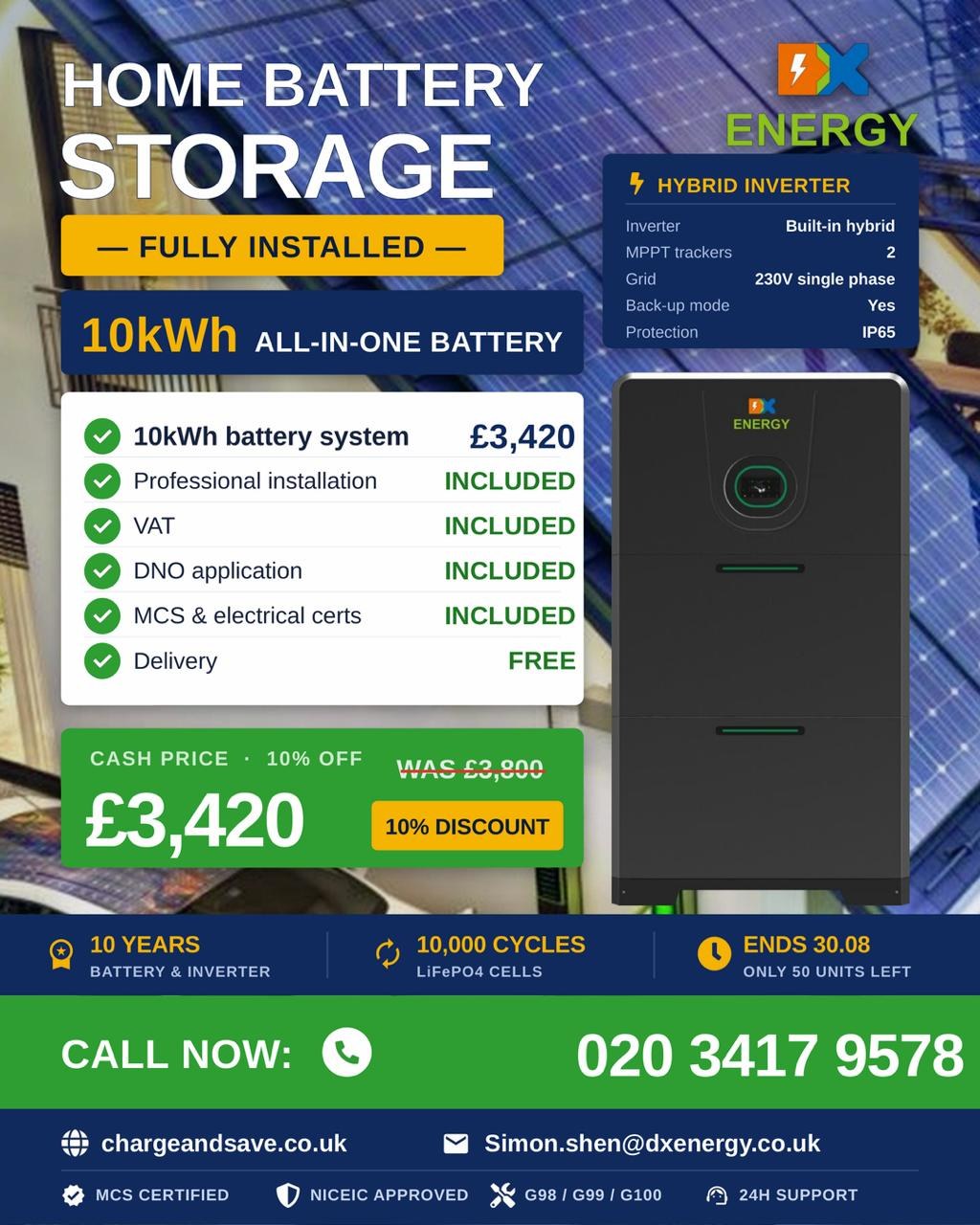 DX Energy — 10kWh all-in-one home battery storage, fully installed for £3,420 (10% off). Call 020 3417 9578.